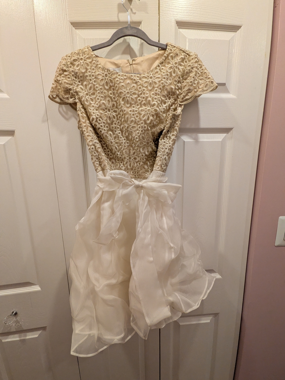Woman's Cream Lace & Ivory Organza Dress with Bow